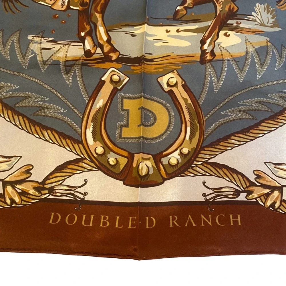 NEW DOUBLE D RANCH 100% Silk Scarf Country Western Cowgirl Boho 25" Blue Brown - Picture 4 of 9